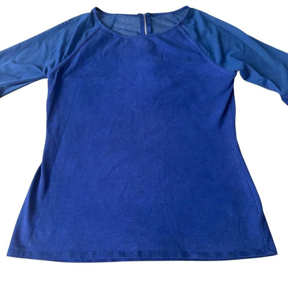 Express Women's Medium Blue 3/4 Length Sleeve Sheer Zipper Stretch Top Blouse‎